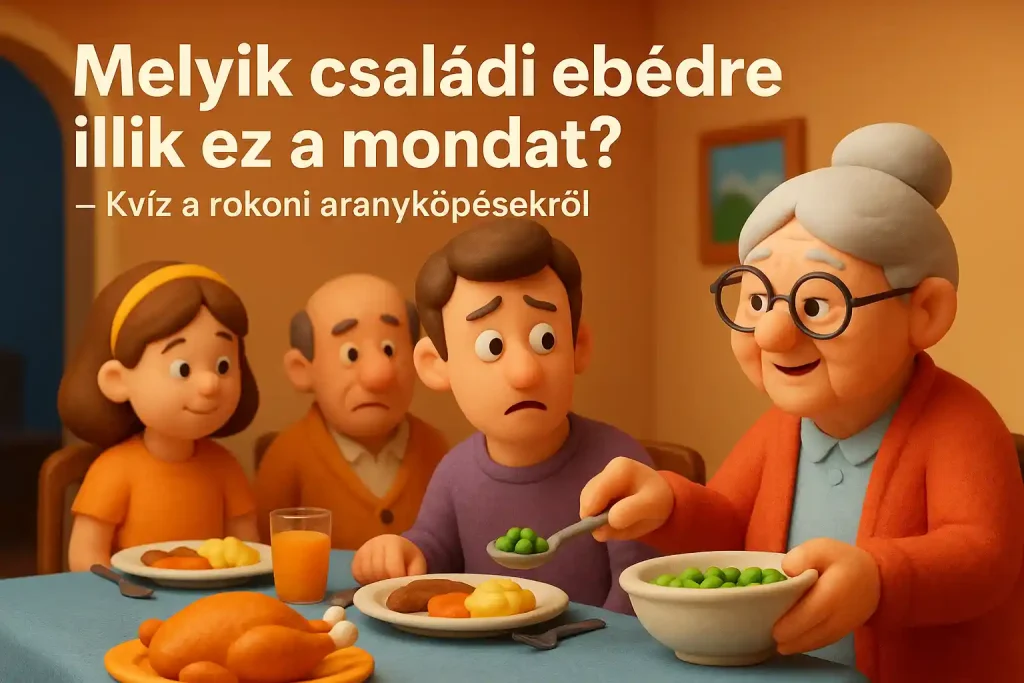 ): Egy nyüzsgő, színes családi ebéd 3D-s agyaganimációs stílusban, ahol a rokonok vicces és kínos aranyköpéseket mondanak egymásnak a telepakolt asztal felett.