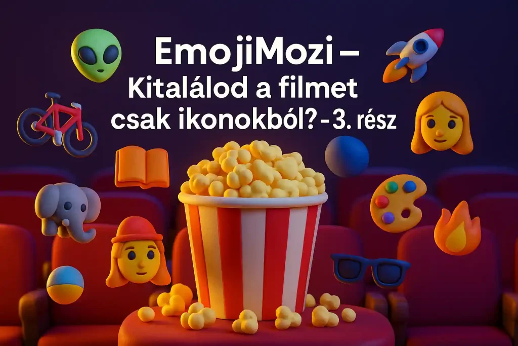 EmojiMozi filmes kvíz harmadik részének borítóképe: egy nagy vödör pattogatott kukorica körül híres filmeket jelképező emojik lebegnek egy moziteremben.
