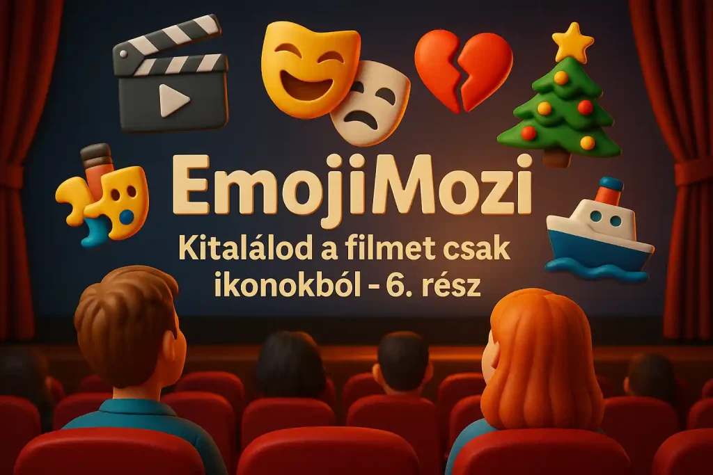 Lebegő filmes emojik egy stilizált mozi előtt - EmojiMozi filmes kvíz 6. rész