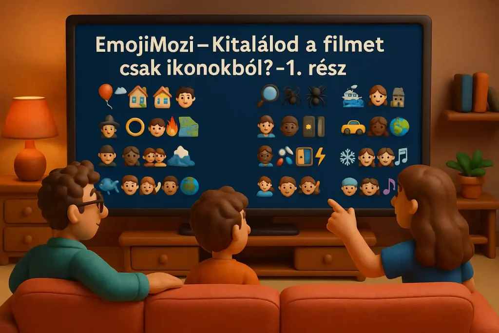Baráti társaság egy kanapén ülve játszik filmes emoji-kvízt egy nagy képernyőn.