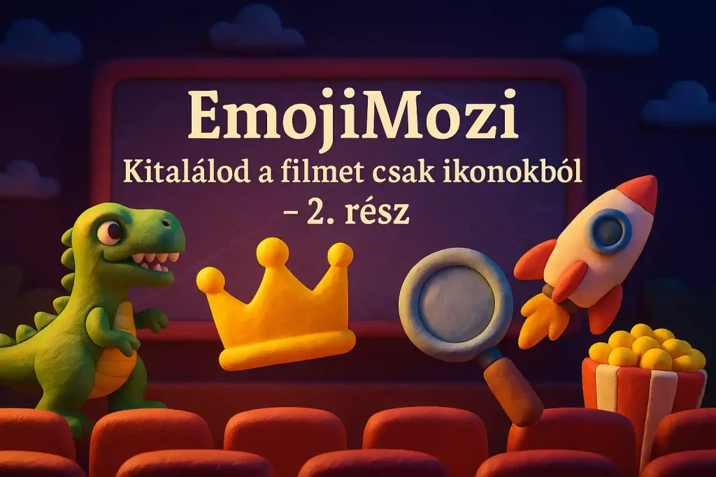 EmojiMozi kvíz borítóképe, amin 3D-s animált emojik láthatók egy mozi témájú fantáziavilágban.