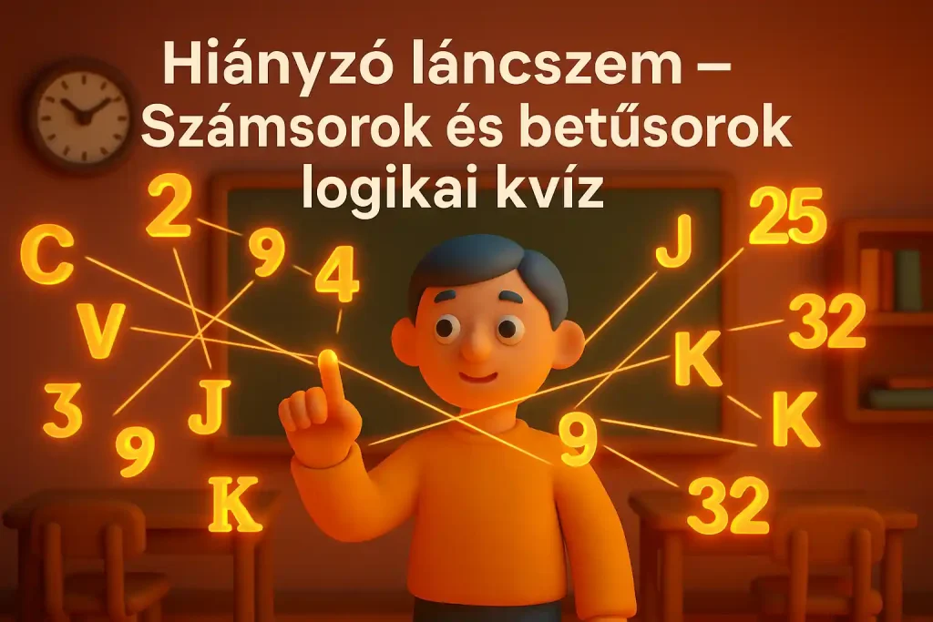 Színes, agyaganimáció stílusú illusztráció lebegő számokkal és betűkkel, amely egy logikai számsoros kvízt reklámoz