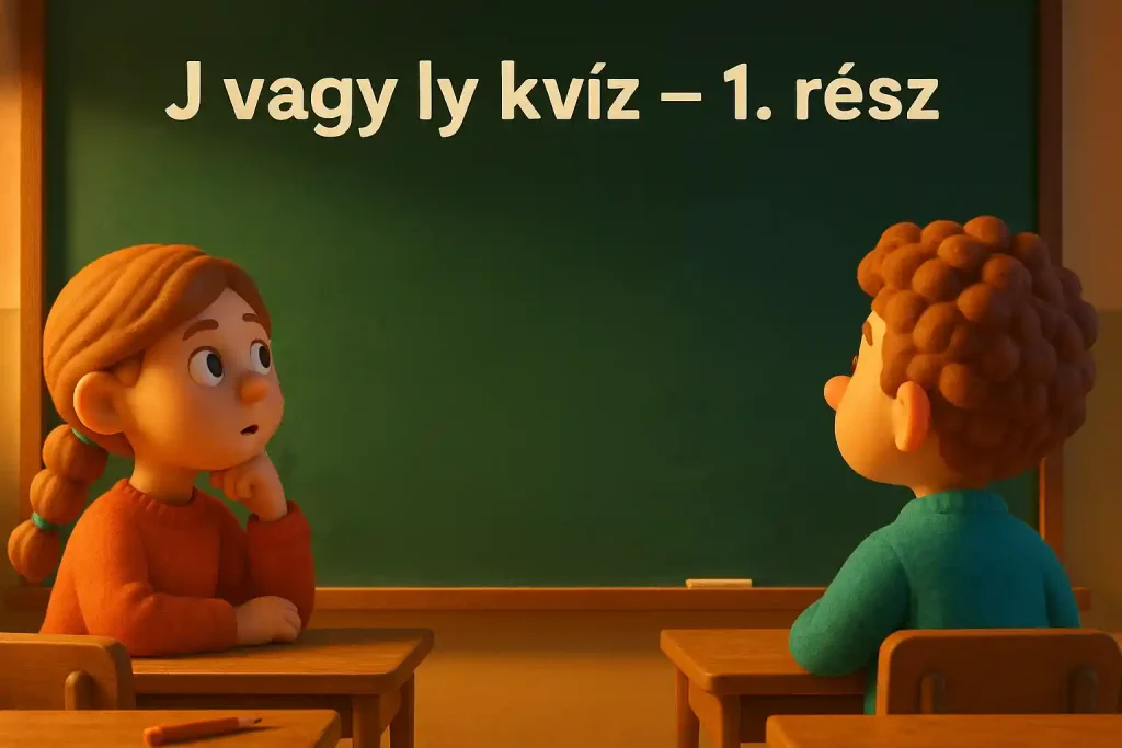 Játékos helyesírási kvíz illusztrációja j és ly betűkkel egy iskolai táblán.