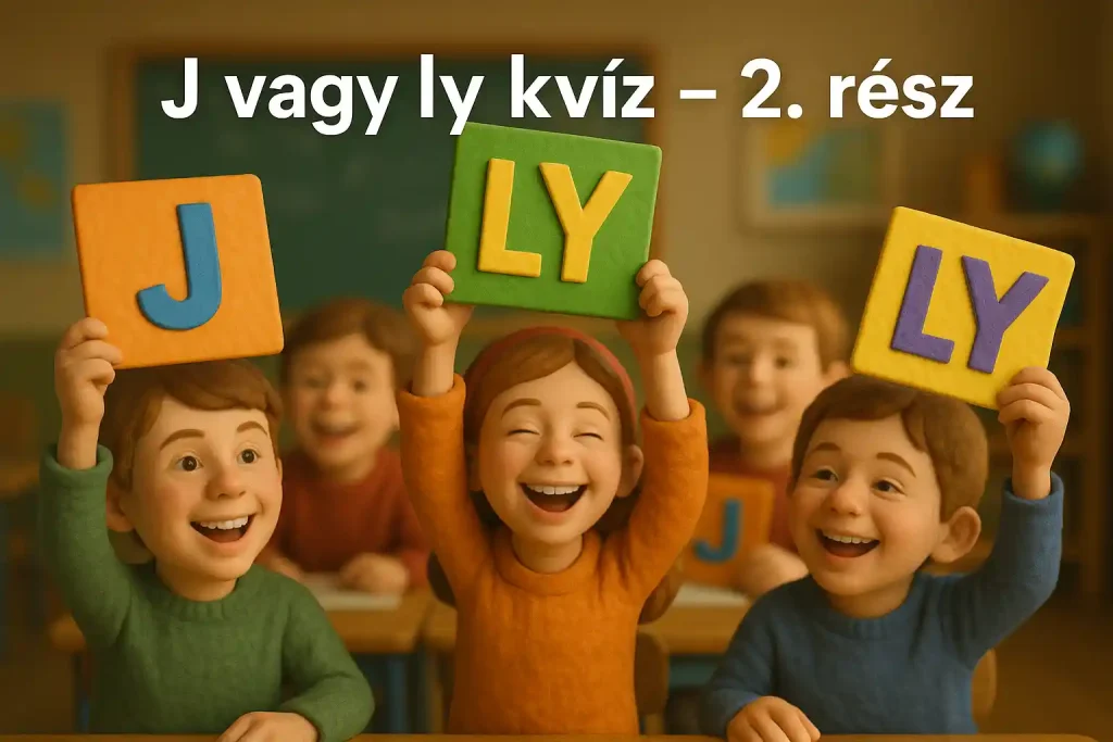 Vidám gyerekek egy tanteremben, 'j' és 'ly' betűket ábrázoló kártyákat tartanak a kezükben, a j vagy ly kvíz illusztrációjaként.