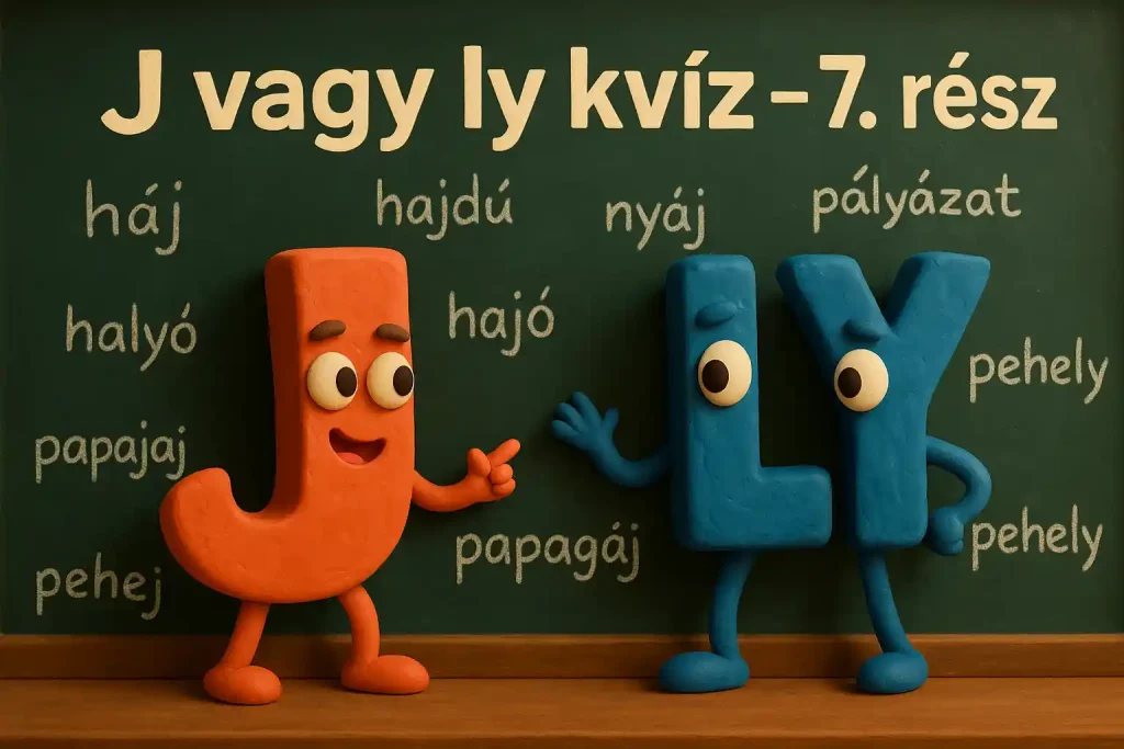 J vagy ly kvíz borítókép, ahol a J és az LY betűk egy iskolatáblán versenyeznek.
