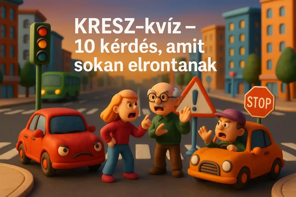 Játékautók vitatkoznak egy bonyolult kereszteződésben, illusztráció a KRESZ-kvíz gyakori hibák témájához.