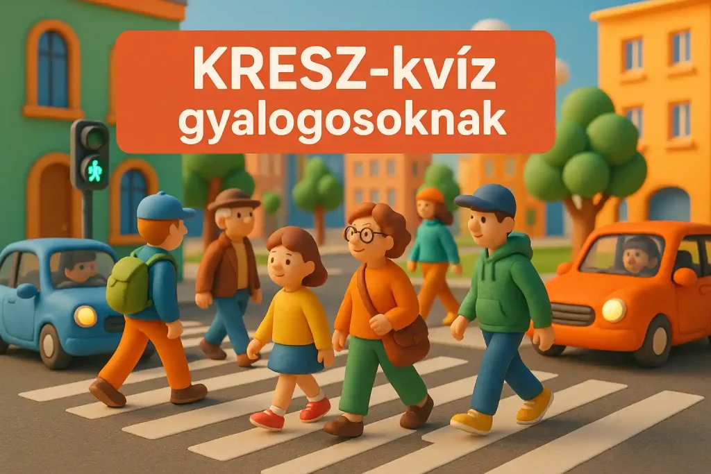 : Színes, gyurma-animációs stílusú illusztráció egy biztonságos városi zebráról, ahol gyalogosok kelnek át.