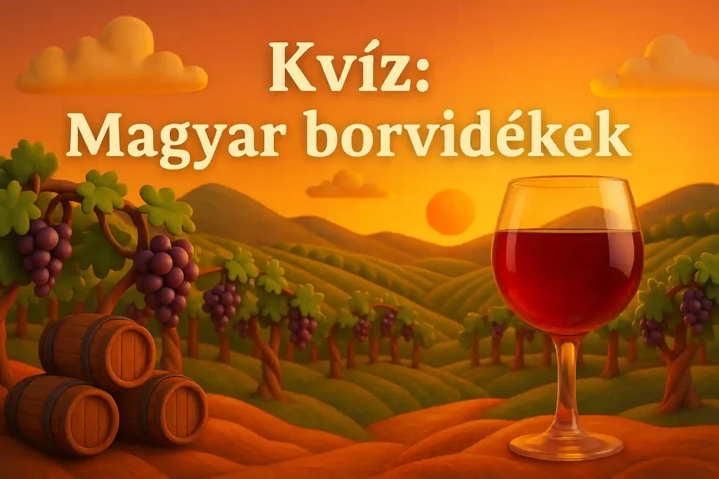 Magyar borvidékek kvíz illusztráció szőlőkkel és borospohárral