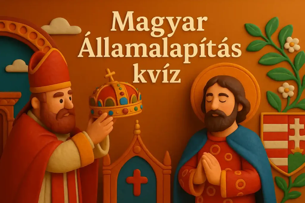 Szent István király stilizált koronázása egy színes, gyurma animáció stílusú illusztráción – Magyar államalapítás kvíz.