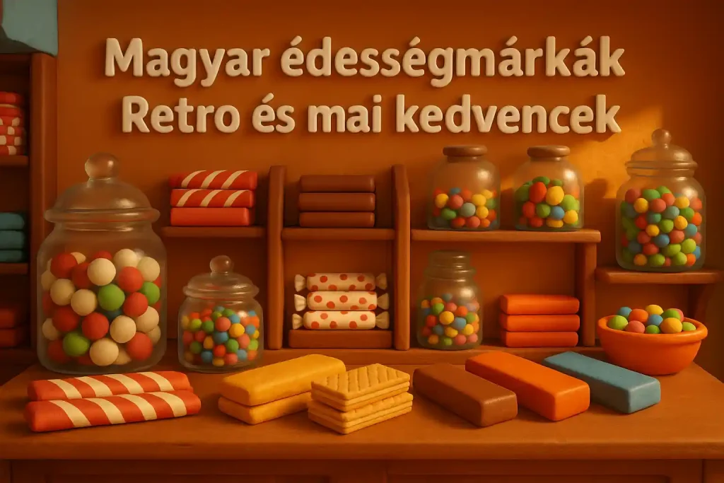 Retro édességbolt színes magyar finomságokkal
