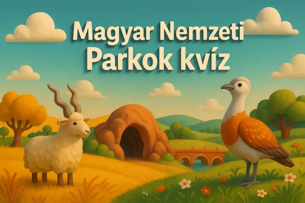 Kollázs Magyarország nemzeti parkjairól: hortobágyi gémeskút, aggteleki cseppkövek, őrségi táj és a balatoni tanúhegyek.