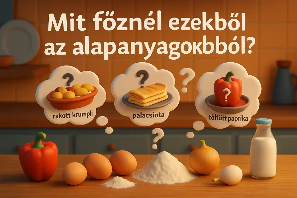 Néhány egyszerű alapanyag, mint tojás, liszt és zöldségek egy konyhapulton, egy üres serpenyő mellett, a kreatív főzésre várva.