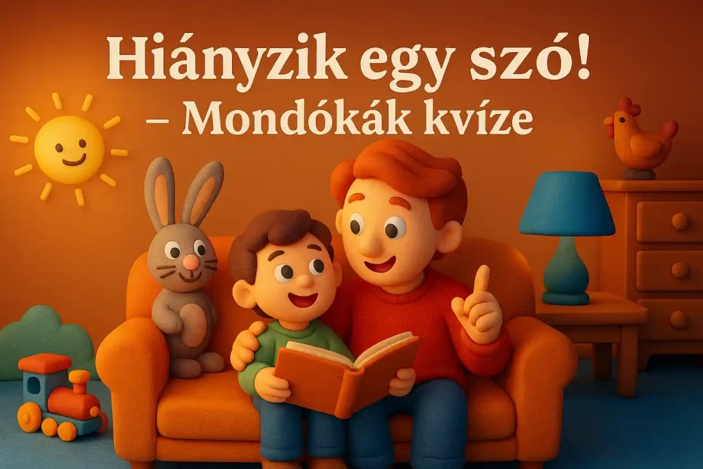 Szülő és gyerek mondókát mond egy színes, mesebeli szobában a mondókás kvízhez