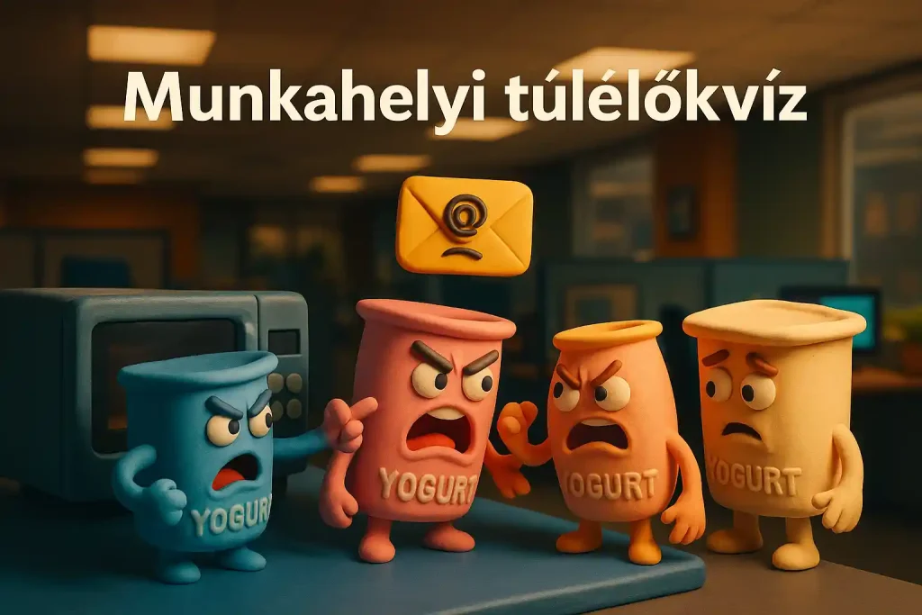 Szürreális irodai jelenet illusztrációja: négy joghurt vitatkozik, miközben egy passzív-agresszív e-mail lebeg a levegőben. A kép a munkahelyi túlélőkvízhez készült.