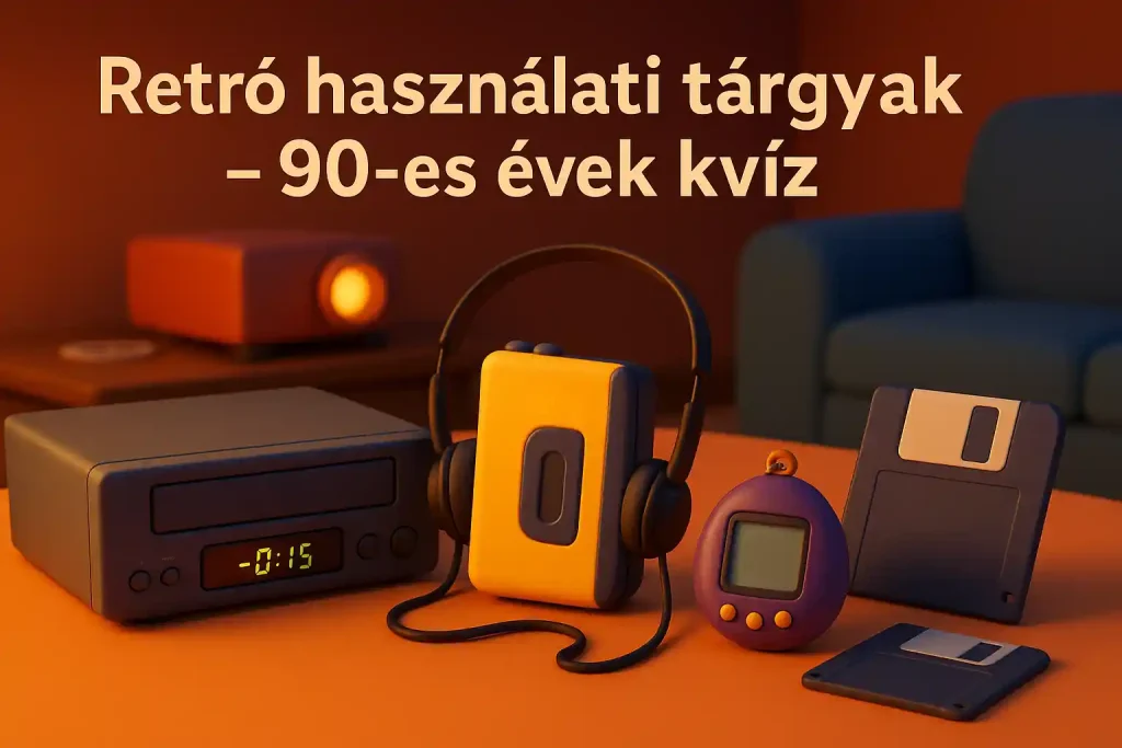Retró használati tárgyak a 90-es évekből, köztük egy Walkman, egy VHS lejátszó és egy Tamagotchi.