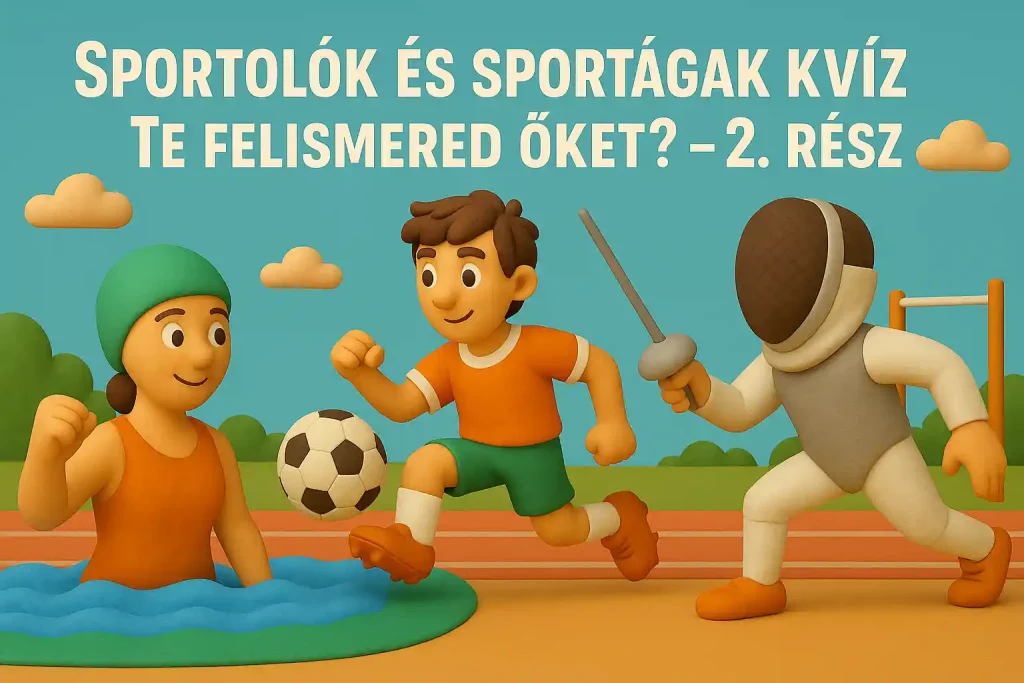 Sportolók és sportágak kvíz illusztráció úszóval, focistával és vívóval