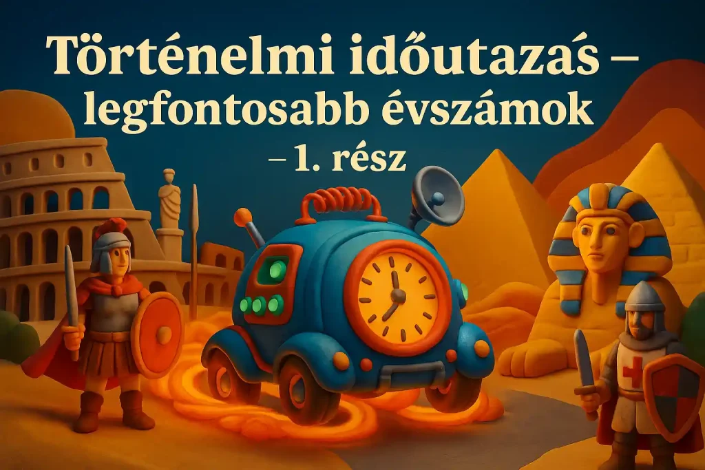 Időkapszula utazik híres történelmi események, például a Római Birodalom és a középkor felett, 3D gyurma-animációs stílusban.