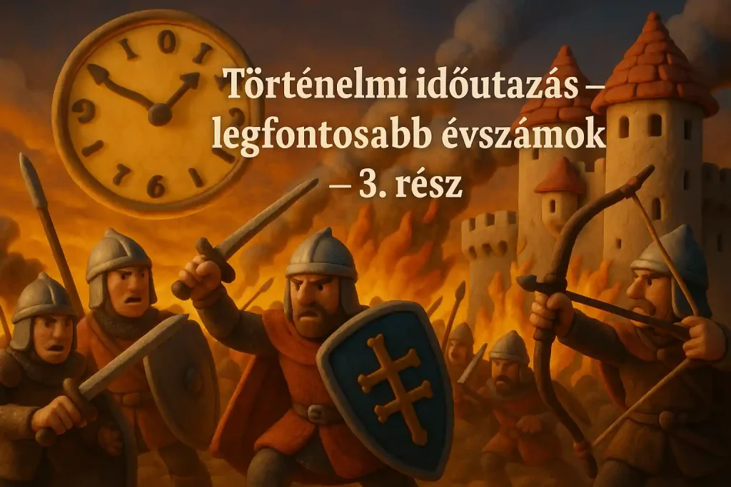 Illusztráció egy történelmi időutazáshoz: magyar vár védelme és egy visszaszámláló óra az égen a kvízhez.