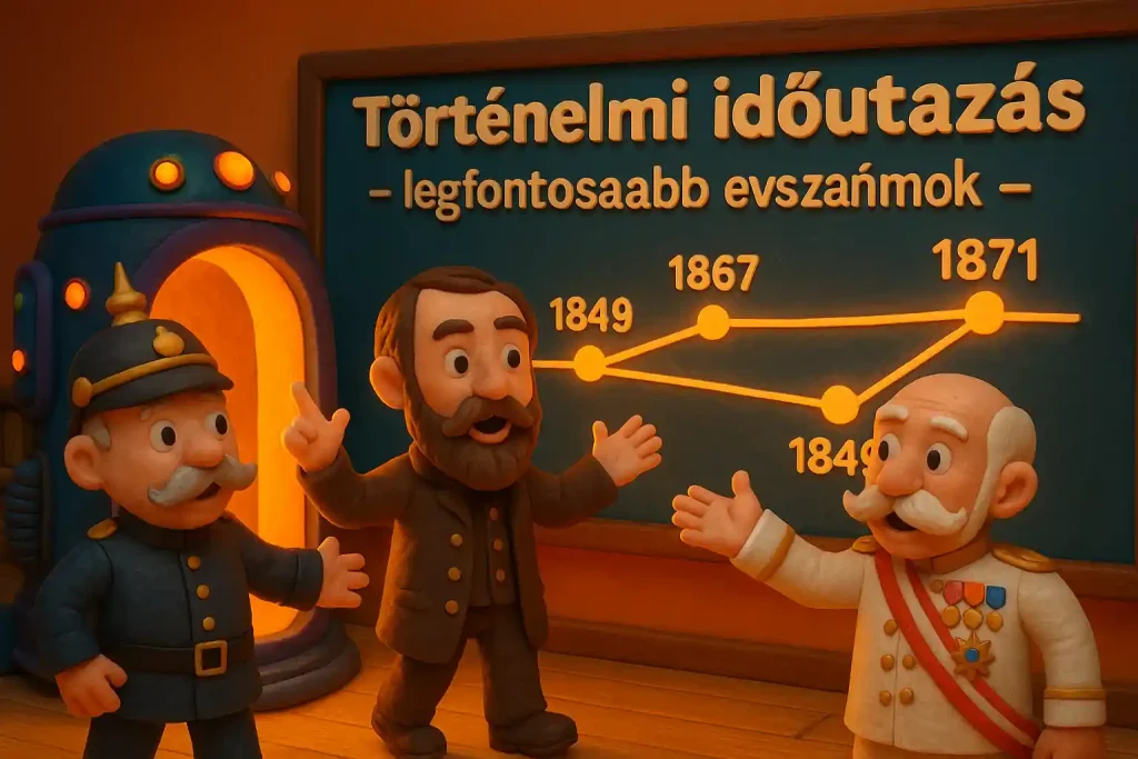 Ferenc József, Kossuth Lajos és Bismarck agyagfigura karakterei egy időgépből kilépve egy óriási, XIX. századi történelmi idővonal előtt állnak.