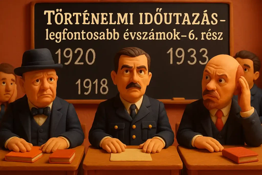Híres történelmi alakok, Churchill, Horthy és Lenin egy szürreális, időutazásos középiskolai osztályteremben zavarodottan nézik a táblát.