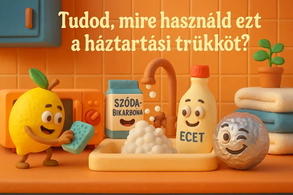 Vidám, 3D agyagfigurákból álló jelenet, amely az otthoni praktikákat mutatja be, ahol citrom, ecet és szódabikarbóna takarít.