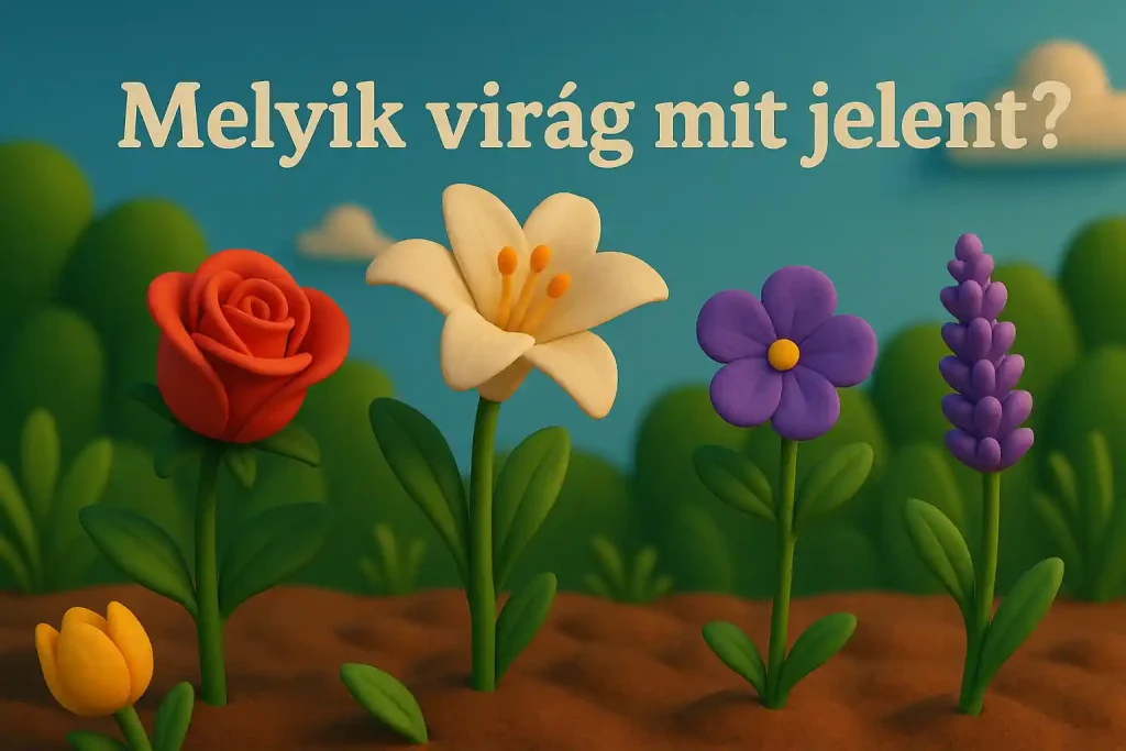 Különféle virágok egy játékos, szimbolikus kertben