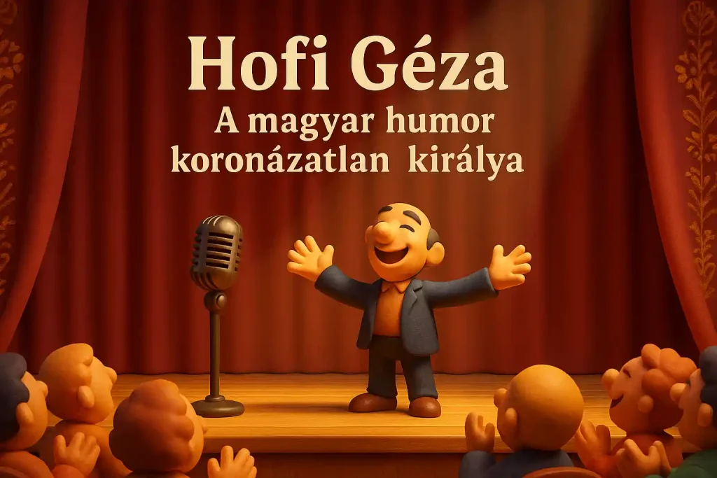 Színpadi mikrofon és humorista alak, magyar kulturális motívumokkal