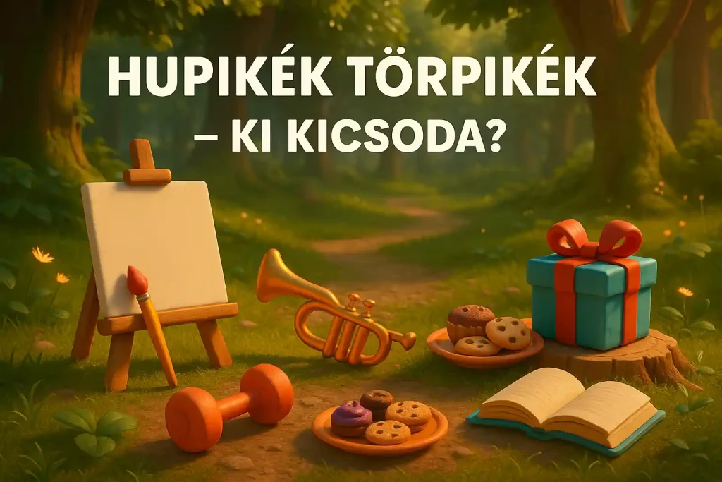 Erdőben elhelyezett tárgyak – ecset, trombita, ajándék, könyv és sütemények
