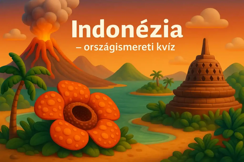 Indonézia országismereti kvíz illusztráció vulkánnal és templommal