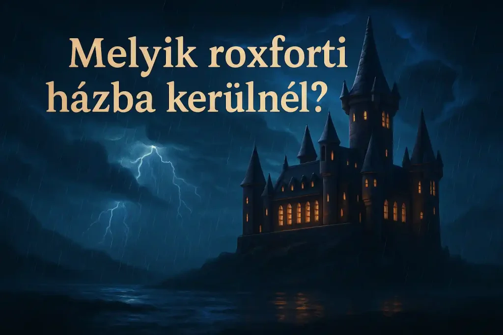 Gótikus kastély esőben, villámlással, magyar felirattal