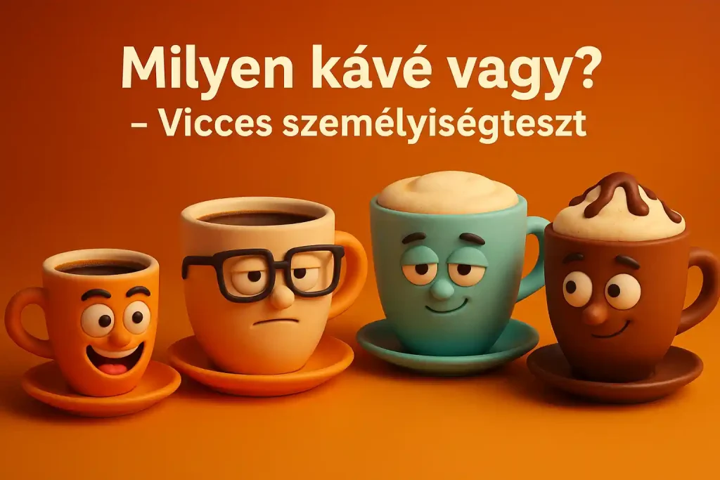 Vicces kávés személyiségteszt illusztráció négy kávéfajtával