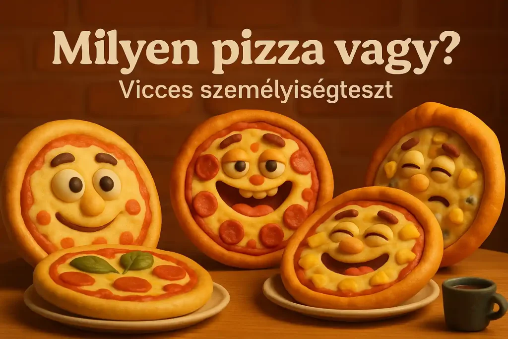 Vicces pizzás személyiségteszt színes illusztrációval