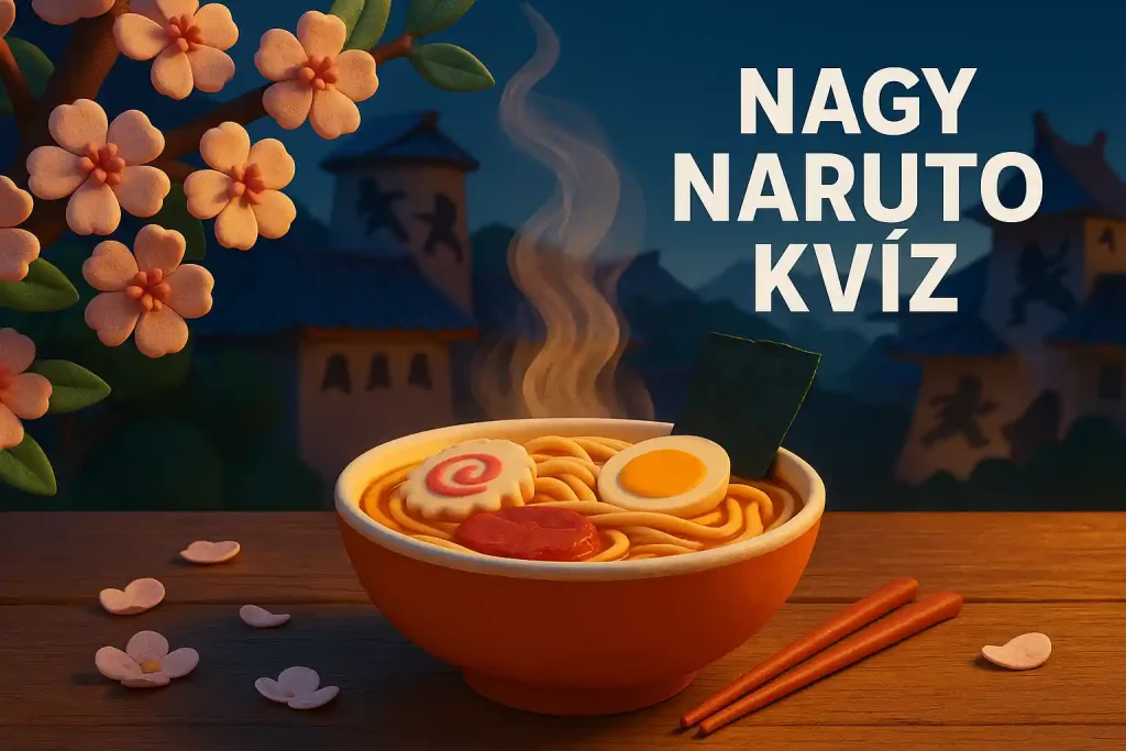 Ramen tál cseresznyevirág alatt, ninja falura utaló illusztráció