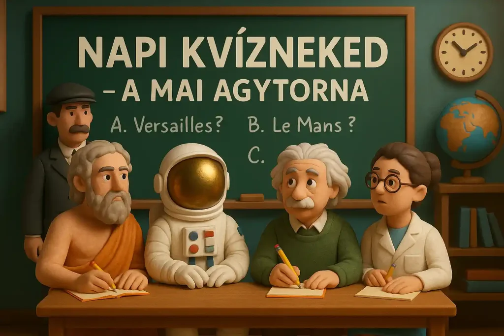 Történelmi és tudományos figurák agytorna közben egy szürreális tanteremben