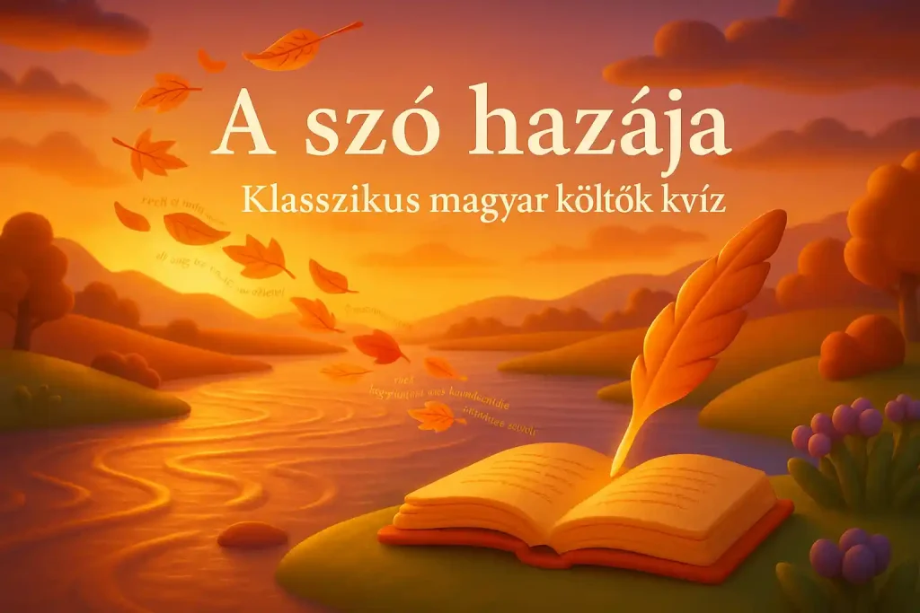 Lírai, szimbolikus tájkép: folyó verssorokká alakul, őszi levelek és fénylő toll egy nyitott könyv felett.