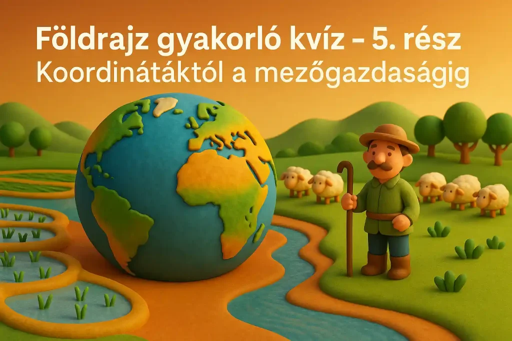 Földrajz gyakorló kvíz illusztráció – koordináták és mezőgazdaság motívumokkal