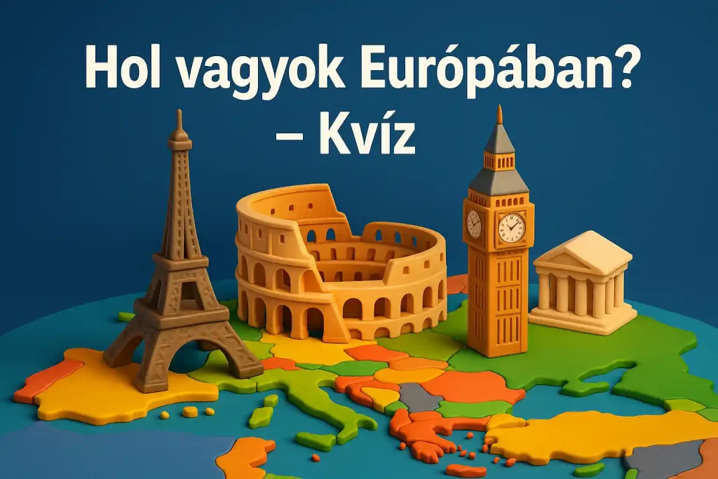 Európa híres városait bemutató illusztráció a Hol vagyok Európában kvízhez.