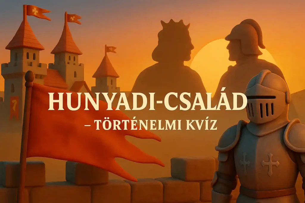 Középkori illusztráció a Hunyadi-családról, várakkal és zászlókkal.
