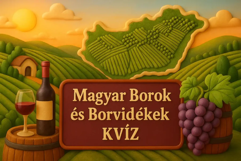 Magyar borvidékek szőlőkkel és borospincékkel, illusztráció
