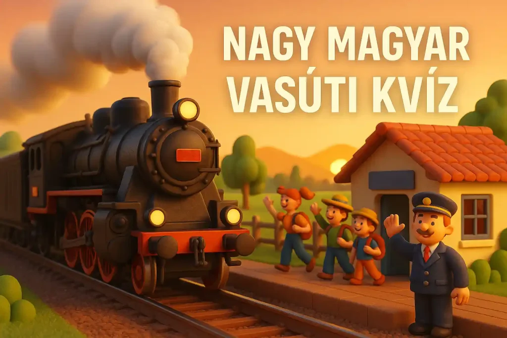 Klasszikus magyar gőzmozdony a naplementében, a Nagy Magyar Vasúti Kvíz illusztrációja.