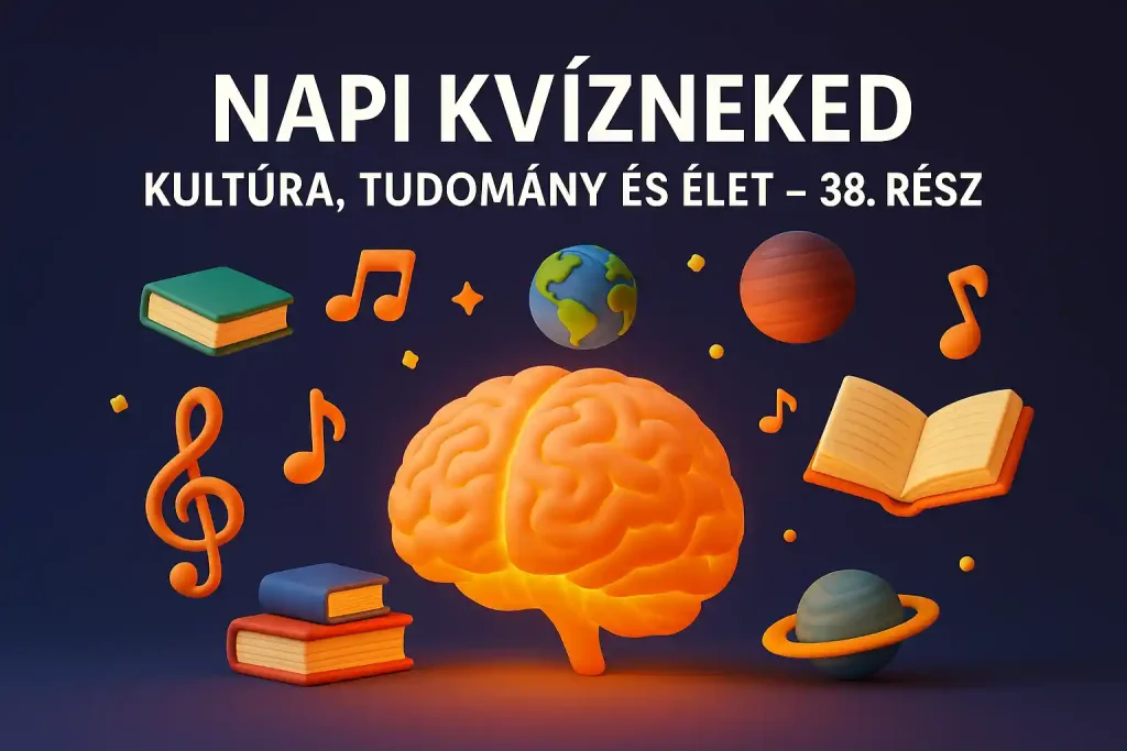 Napi Kvízneked – Kultúra, Tudomány és Élet illusztráció bolygókkal és könyvekkel.