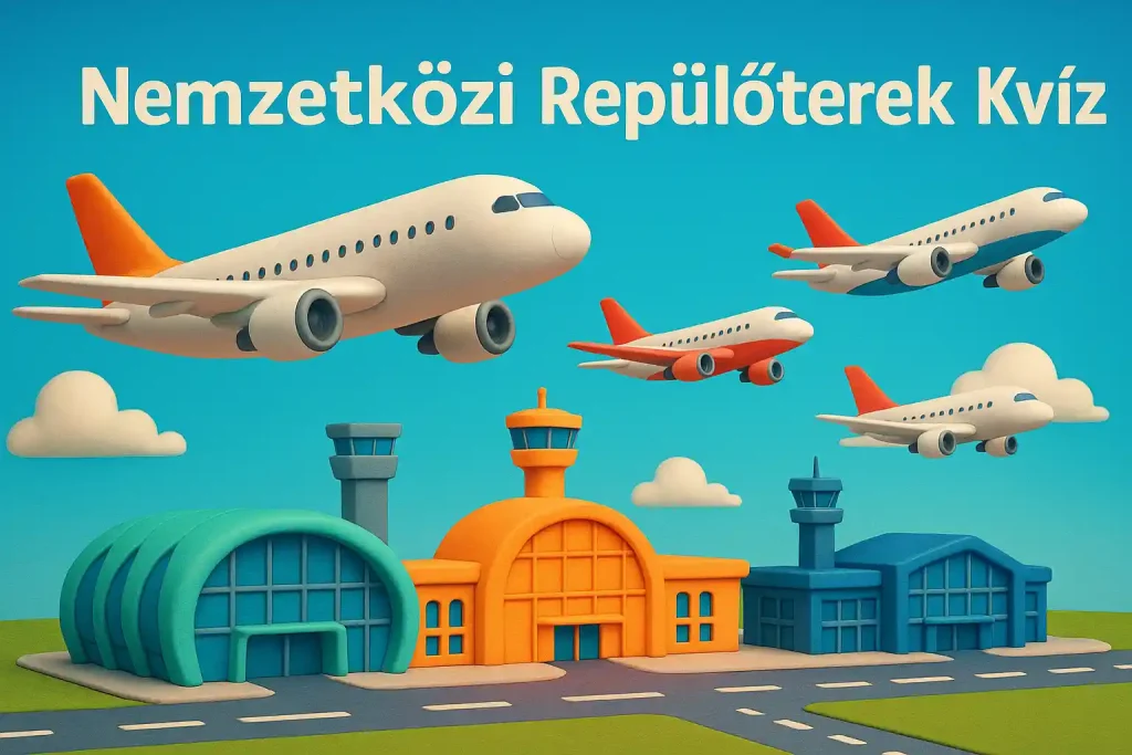 Világ repülőtereit bemutató kvíz illusztráció repülőgépekkel