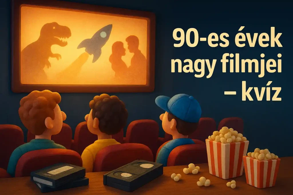 90-es évek nagy filmjei kvíz hero kép retró mozis hangulattal, popcornnal és vászonnal