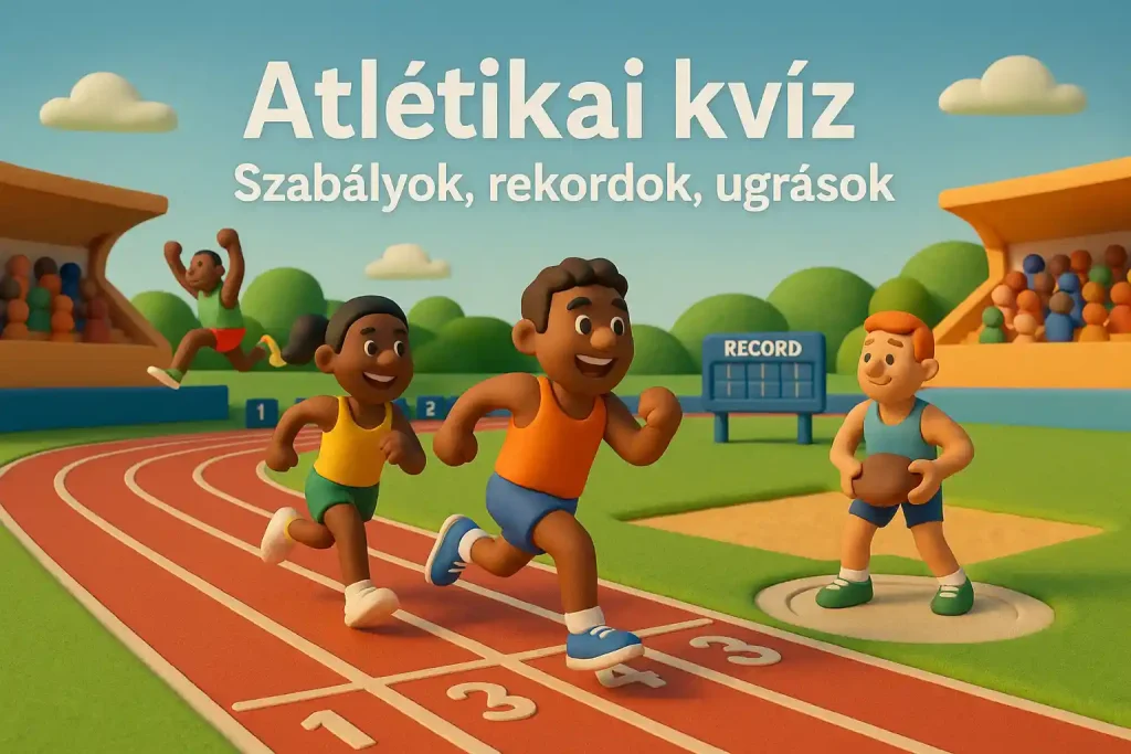 Atlétikai kvíz – szabályok, rekordok, ugrások témájú illusztráció futó- és ugrószámokkal