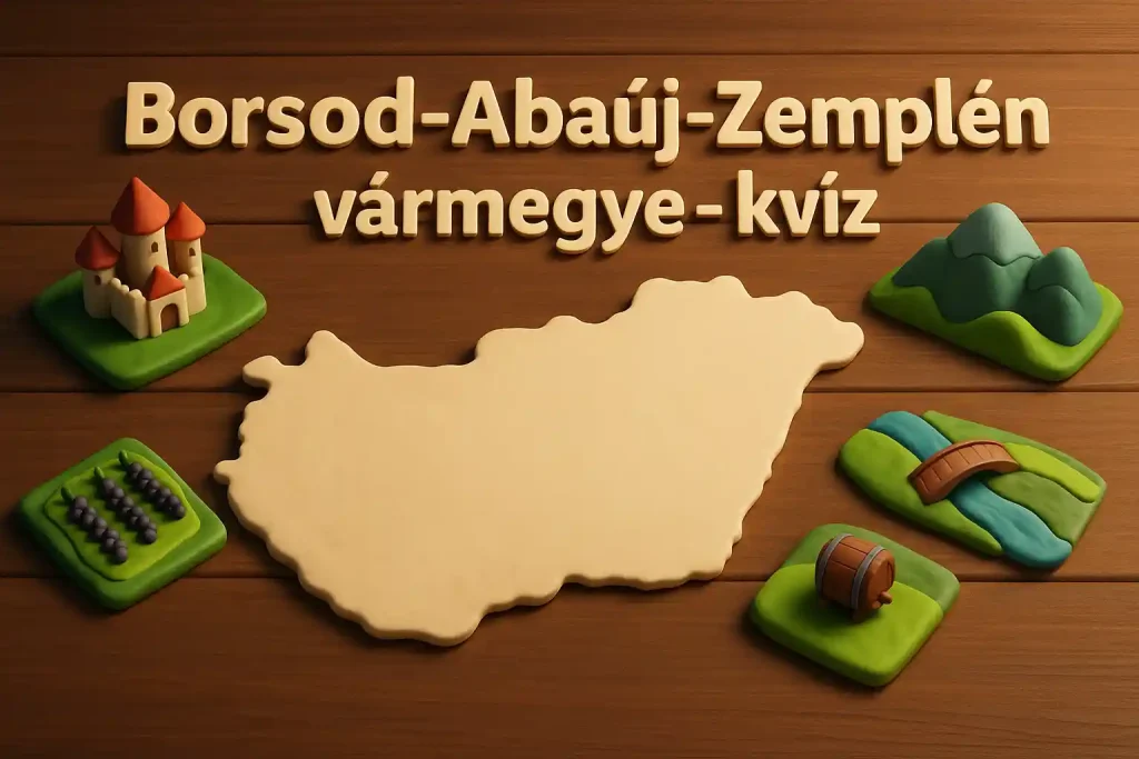 Borsod-Abaúj-Zemplén vármegye kvíz hero kép térképpel, várral, szőlőkkel és hegyekkel egy fa asztalon.
