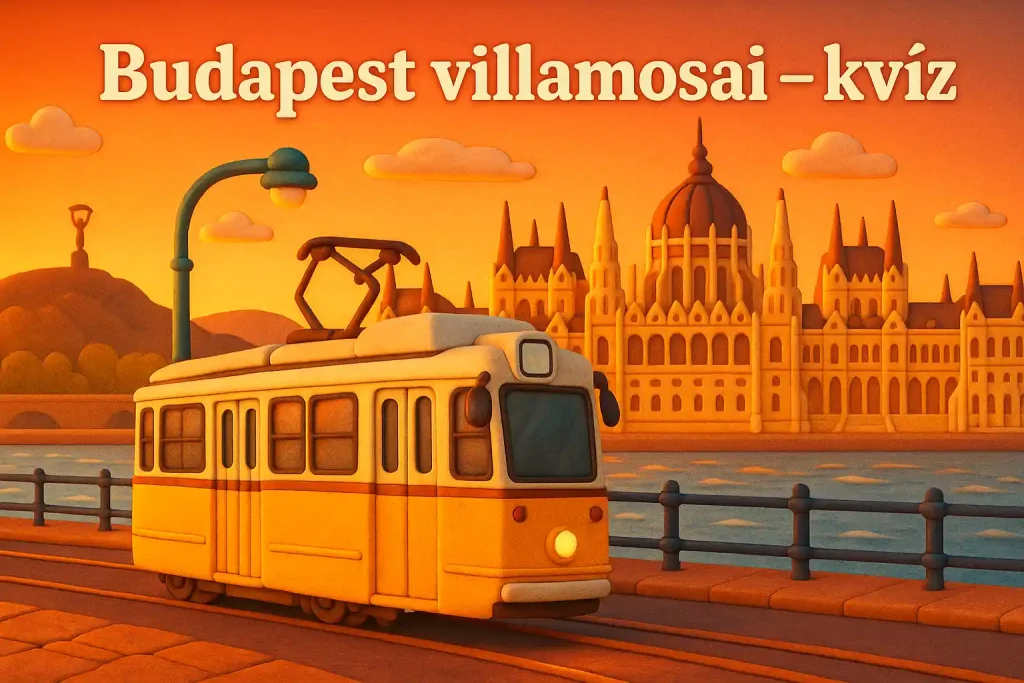 Budapest villamosai a Duna-parton naplementében