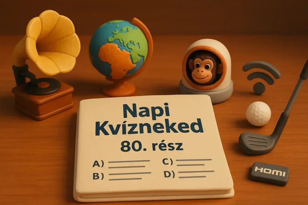 Gyors kvíz a mindennapi tudásodról hero kép gramofonnal, földgömbbel, golfütővel és modern technikai ikonokkal.