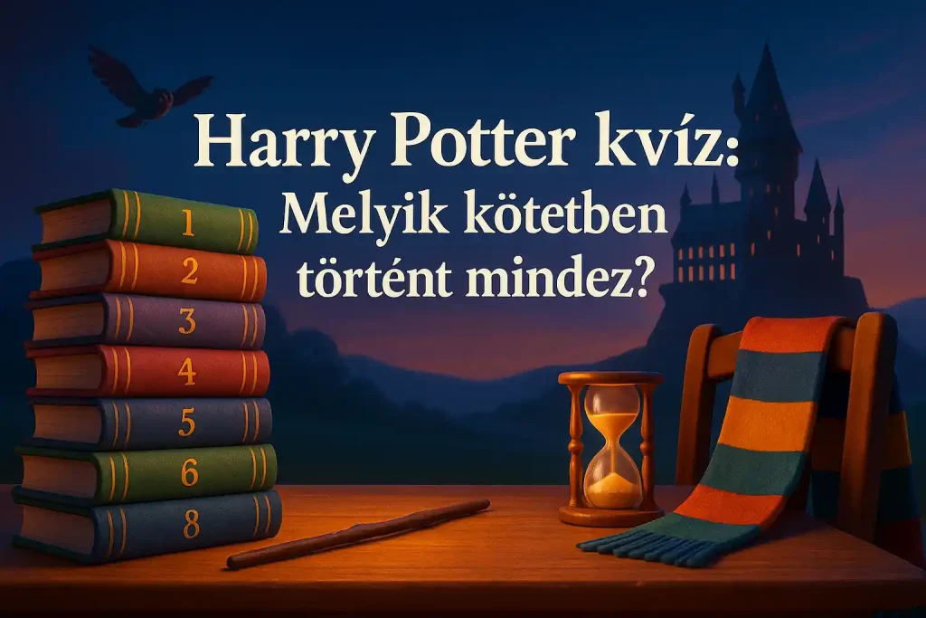 Harry Potter kvízhez készült illusztráció mágikus könyvkupaccal és varázsvilágot idéző hangulattal.