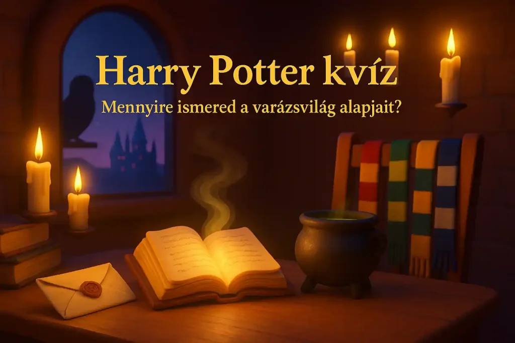Harry Potter kvíz hero kép egy varázslatos íróasztallal, könyvekkel, üsttel és bagollyal, a varázsvilág alapjaira utalva.
