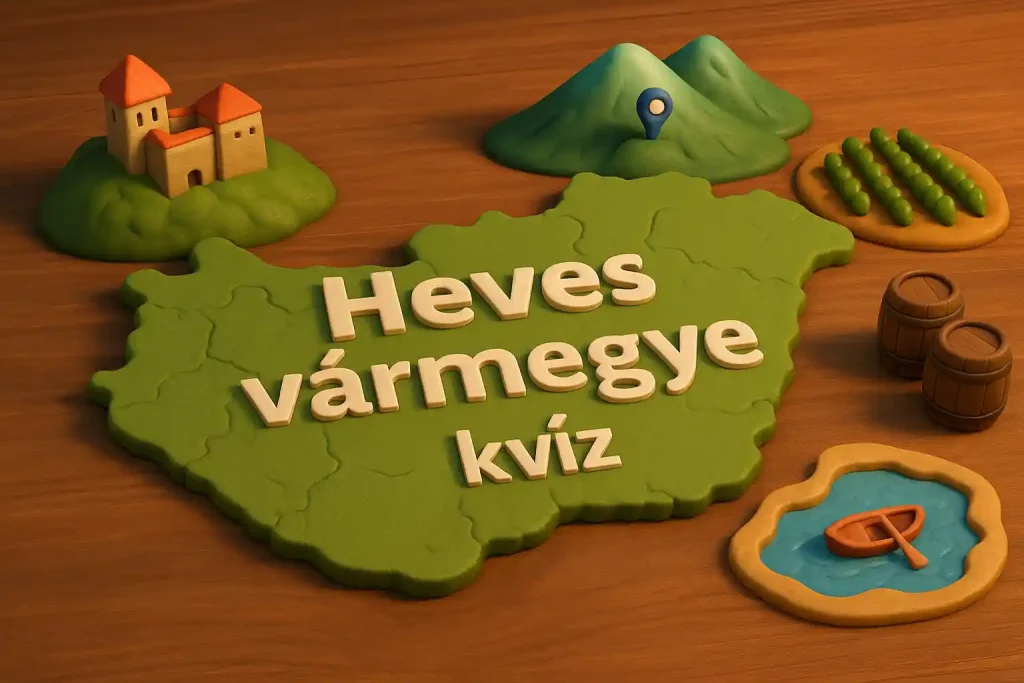Heves vármegye kvíz hero kép: Egri vár, Mátra és Tisza-tó játékos, illusztrált jelenetben.